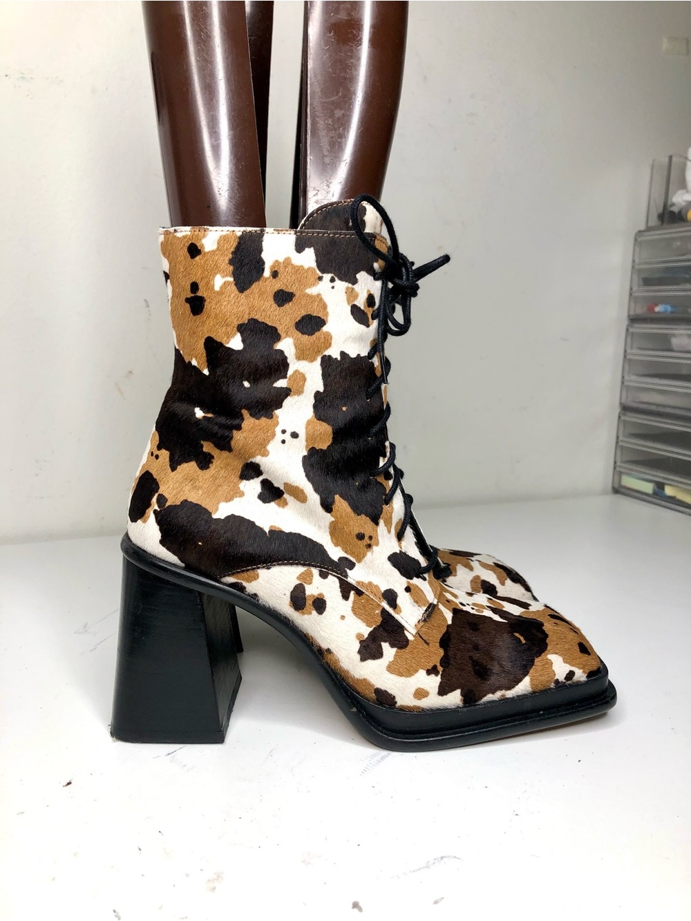 Cow Print Leather Lace-Up Block Heel Ankle Boots